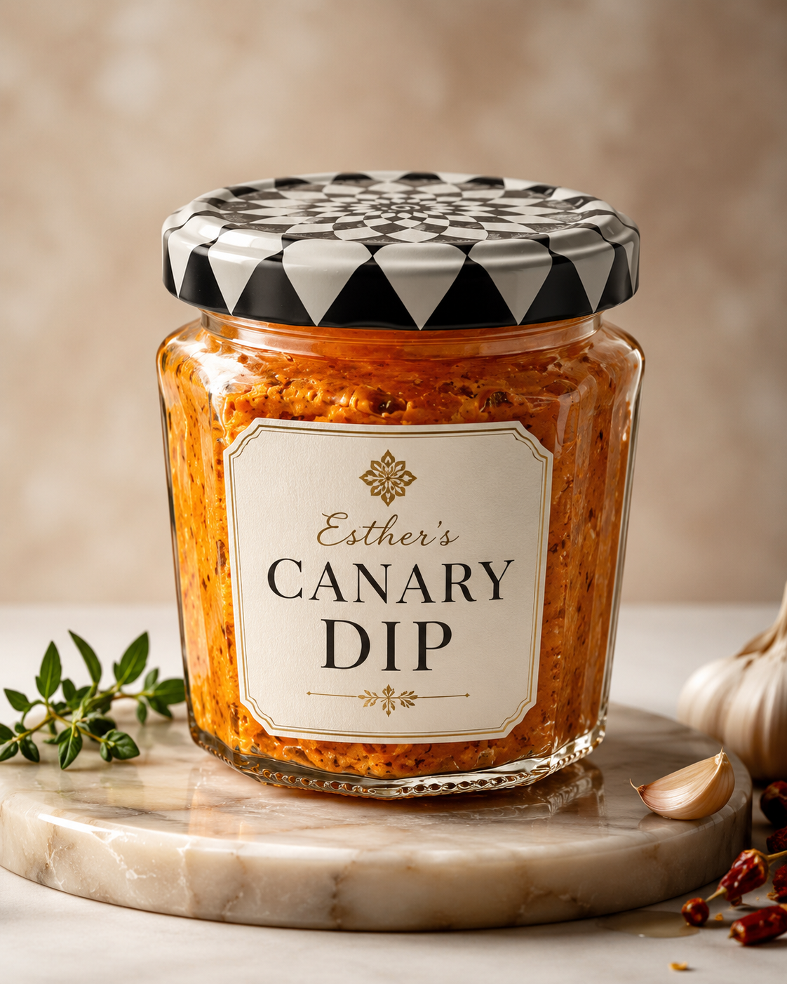 Esther's Canary Dip jar on a marble board